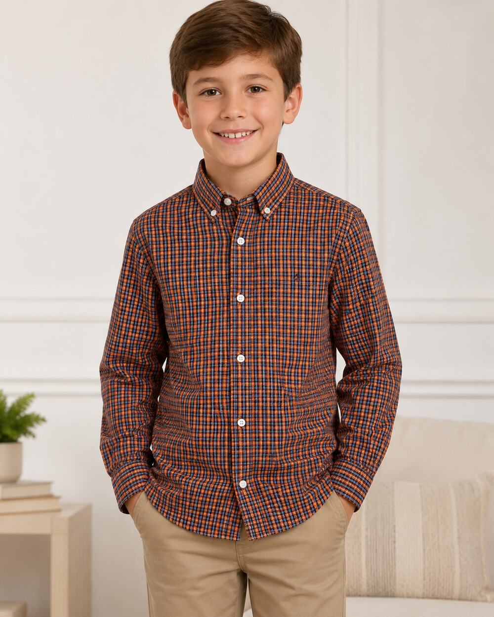 Crown & Ivy Kids Boys Plaid Button Down Shirt Size M Orange Blue Long Sleeve